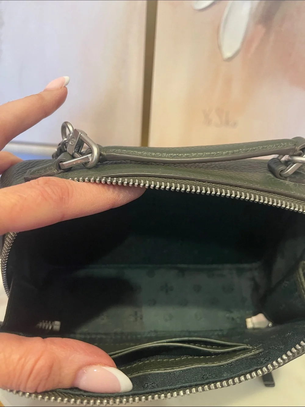 Tory Burch Dark Green Britten Leather Top-Handle Bag with Chain